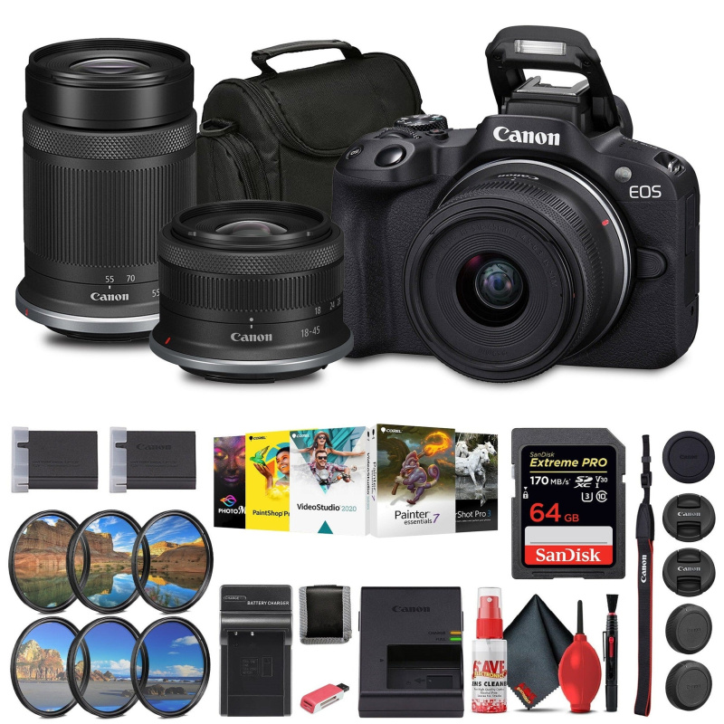 Canon EOS R50 Mirrorless Camera with 18-45mm and 55-210mm Lenses+ 64GB Card + Bag + Charger + More (International Model)