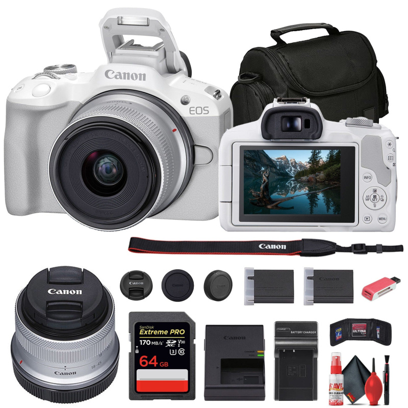 Canon EOS R50 Mirrorless Camera with 18-45mm Lens (White) + 64GB Card + Bag + More (International Model)