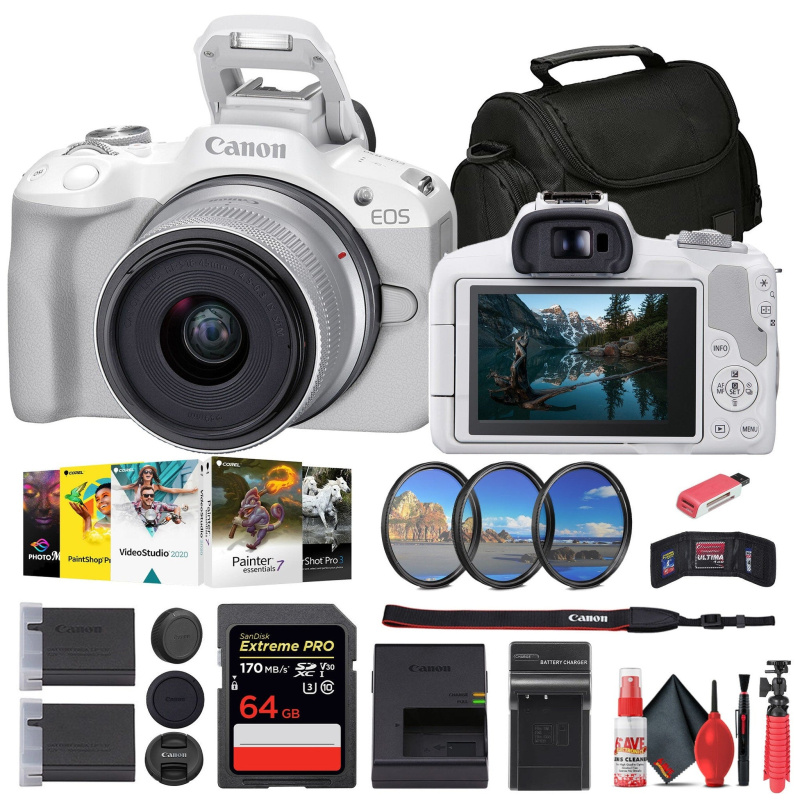 Canon EOS R50 Mirrorless Camera with 18-45mm Lens (White) + 64GB Card + Bag + More (International Model)