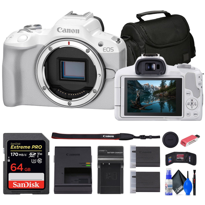 Canon EOS R50 Mirrorless Camera (White) + 64GB Card + Bag + Charger + Battery + More (International Model)