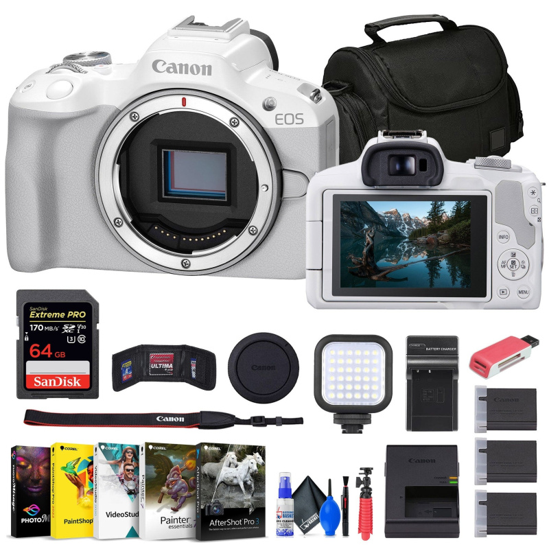 Canon EOS R50 Mirrorless Camera (White) + 64GB Card + Bag + Charger + Battery + More (International Model)