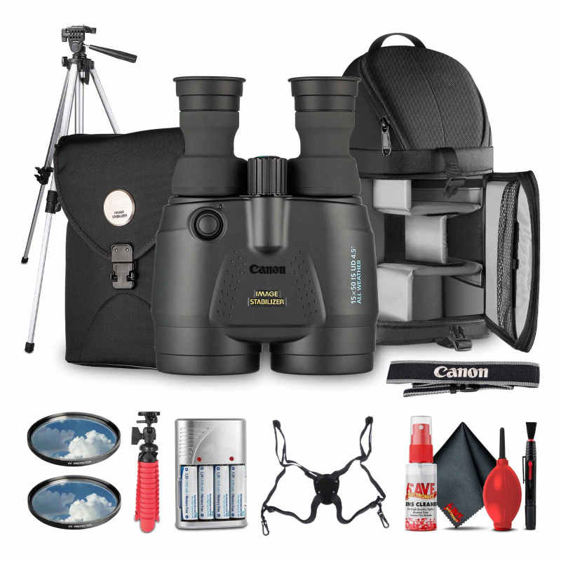 Canon 15x50 IS All-Weather Image Stabilized Binoculars + 72" Tripod + Harness + More (International Model)