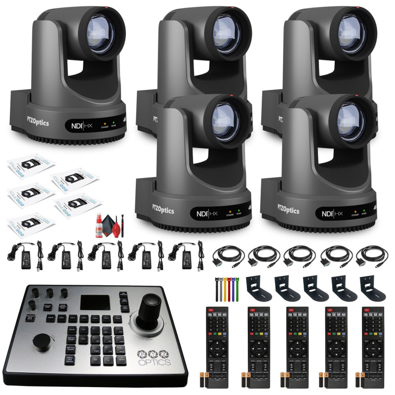 5 x PTZOptics Move 4K PTZ Camera with 20x Zoom (Gray) (PT20X-4K-GY-G3) + PT-JOY-G4 Controller + 5 x Wall Mount