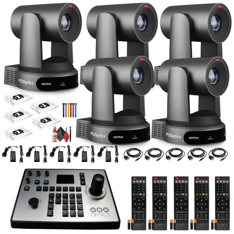 5 x PTZOptics Move 4K PTZ Camera with 30x Zoom (Gray) (PT30X-4K-GY-G3) + PT-JOY-G4 Controller