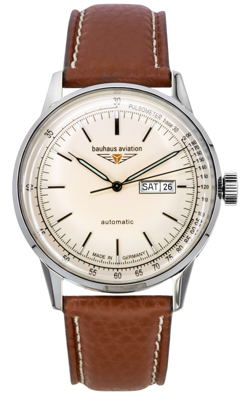 Bauhaus Aviation Leather Strap Beige Dial Automatic 23665 100M Men's Watch