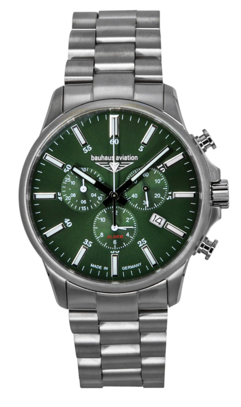 Bauhaus Aviation Chronograph Titanium Green Dial Quartz 2880M4 100M Men's Watch