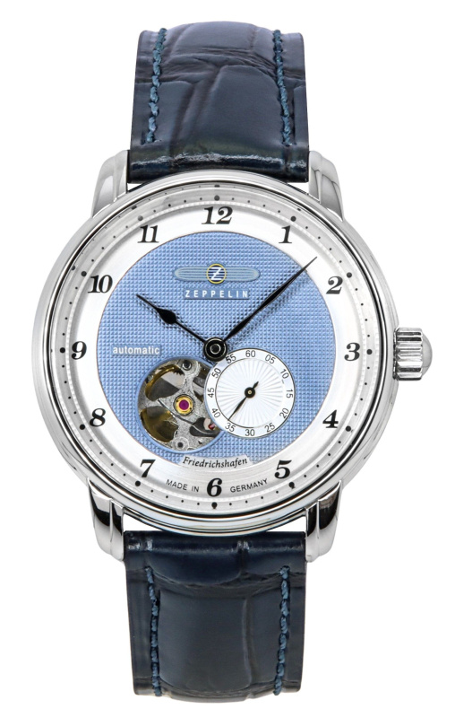 Zeppelin Friedrichshafen Leather Strap Blue Open Heart Dial Automatic 85663 Men's Watch