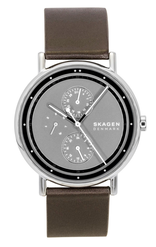 Skagen Signatur Leather Strap Multifunction Grey Dial Quartz SKW6941 Men's Watch