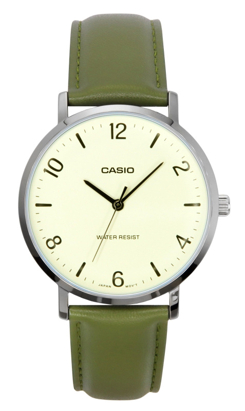 Casio Standard Analog Green Leather Strap White Dial Quartz MTP-VT03L-7B Men's Watch