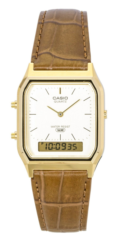 Casio Vintage Analog Digital Leather Strap Gold Dial Quartz AQ-230EGL-9A Unisex Watch
