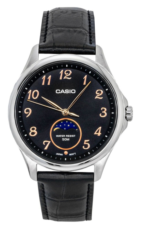 Casio Standard Analog Moon Phase Leather Strap Black Dial Quartz MTP-M110L-1AV Men's Watch