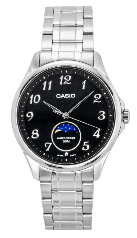 Casio Standard Analog Moon Phase Stainless Steel Black Dial Quartz MTP-M110D-1AV Men's Watch