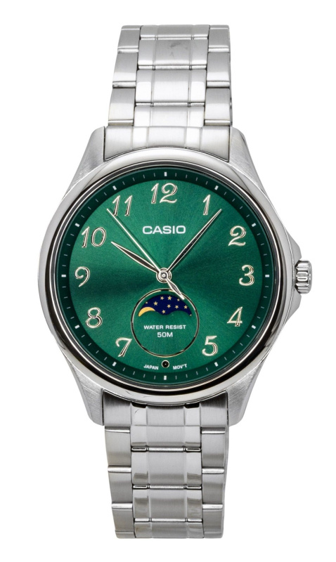 Casio Standard Analog Moon Phase Stainless Steel Green Dial Quartz MTP-M110D-3AV Men's Watch