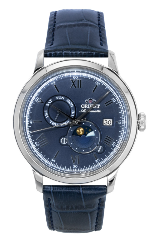 Orient Classic Sun and Moon Leather Strap Navy Blue Dial Automatic RA-AK0806L Men's Watch