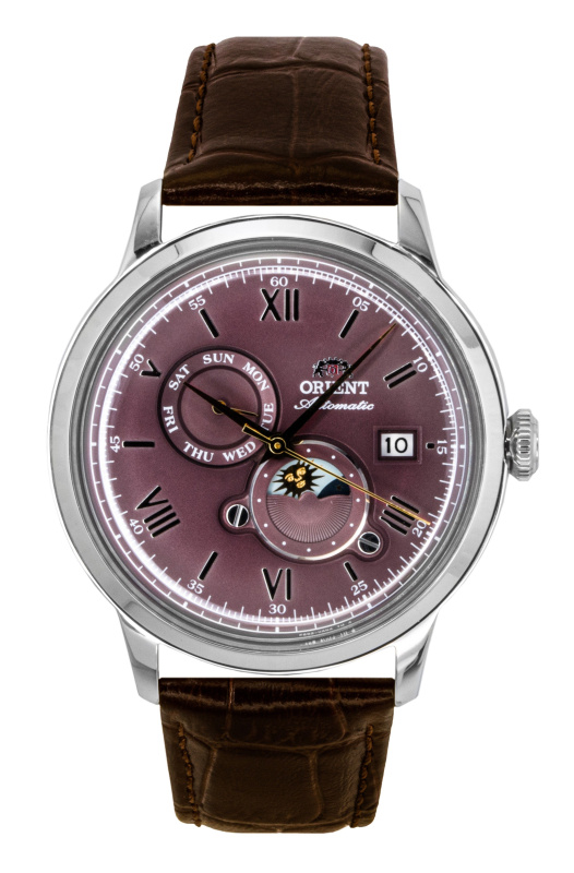 Orient Classic Sun and Moon Leather Strap Bordeaux Dial Automatic RA-AK0807R Men's Watch