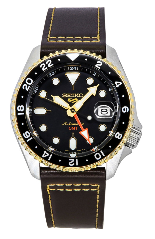 Seiko 5 Sports SKX GMT Leather Strap Black Dial Automatic SSK036K1 100M Men's Watch