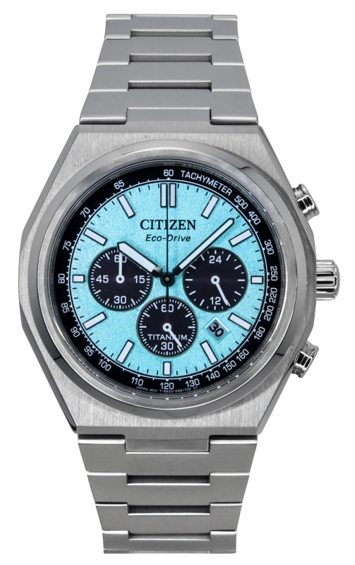 Citizen Zenshin Chronograph Super Titanium Ice Blue Dial Eco-Drive CA4610-85M 100M Men's Watch