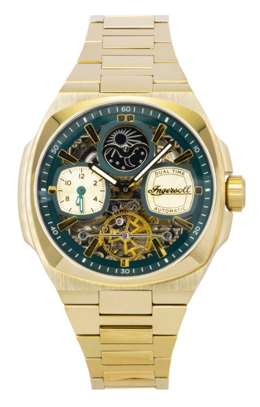 Ingersoll The Spirit Gold Tone Stainless Steel Green Skeleton Dial Automatic I15803 Men's Watch