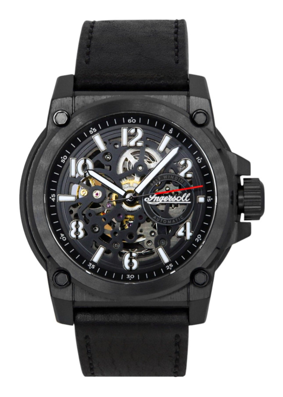 Ingersoll The Anvil Leather Strap Black Skeleton Dial Automatic I16602 Men's Watch