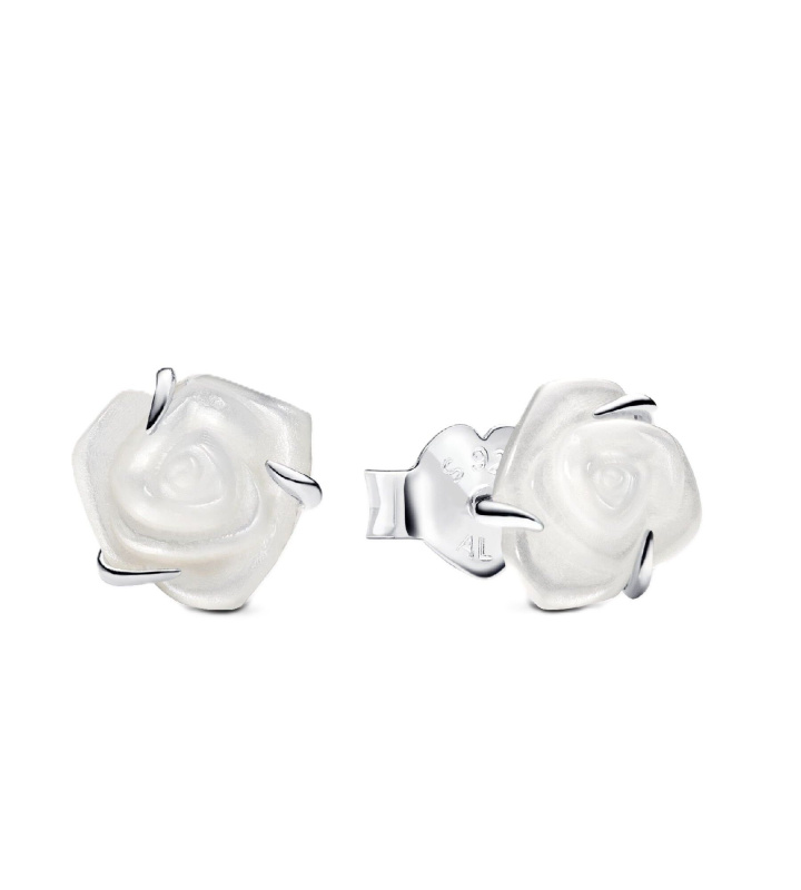Pandora White Rose In Bloom Stud Earring With White Bioresin P-293209C01 For Women