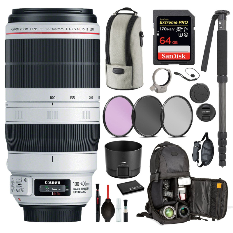 Canon EF 100-400mm f/4.5-5.6L IS II USM Lens  (9524B002)  Includes: 9PC filter Kit, Sandisk 64GB Extreme SD Card + More (International Model)