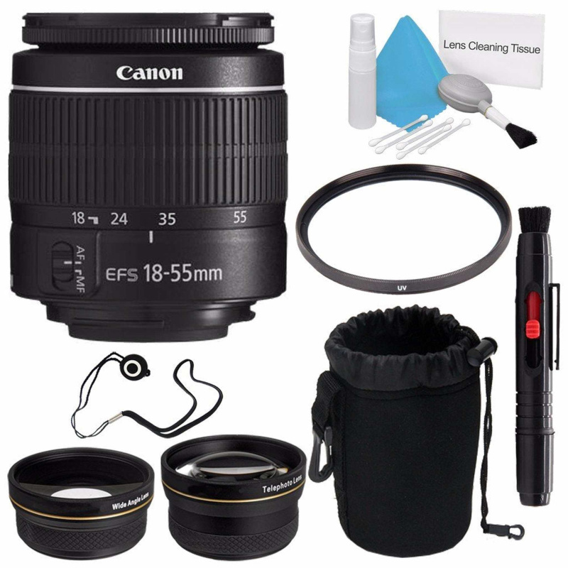 Canon EF-S 18-55mm f/3.5-5.6 III Lens (International Model) + 58mm Wide Angle Lenses + 58mm UV Filter + Deluxe Lens Pouc