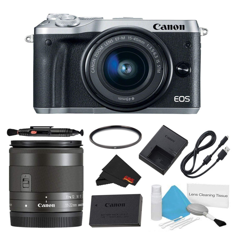 Canon EOS M6 Mirrorless Digital Camera with 15-45mm Lens (Silver) Basic Bundle w/Bonus EF-M 11-22MM Lens - International (International Model)