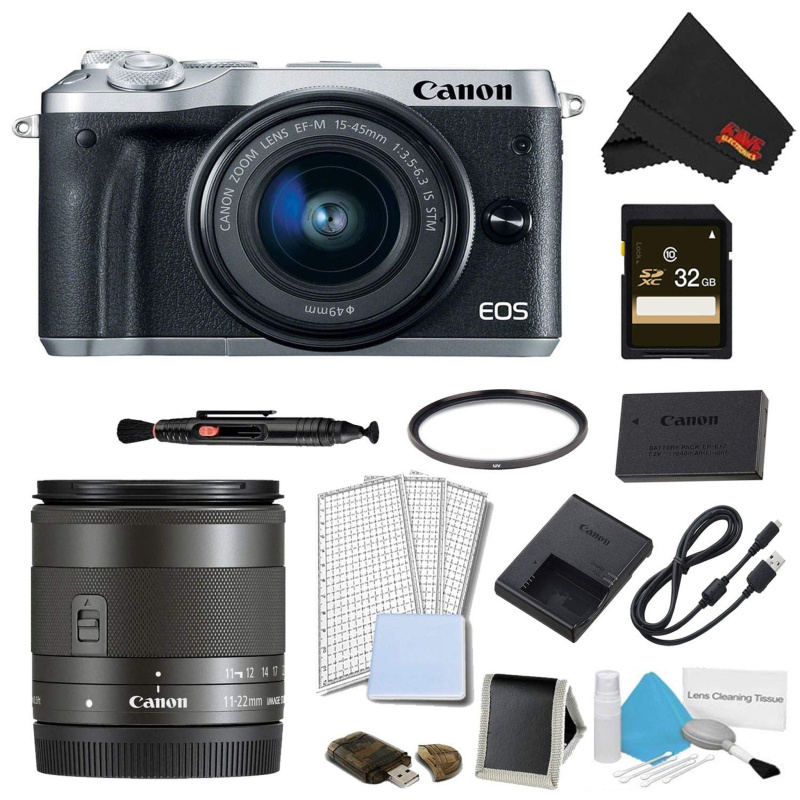 Canon EOS M6 Mirrorless Digital Camera with 15-45mm Lens (Silver) Advanced Bundle w/Bonus EF-M 11-22MM Lens - Internatio (International Model)