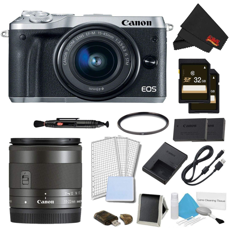Canon EOS M6 Mirrorless Digital Camera with 15-45mm Lens (Silver) Pro Bundle w/Bonus EF-M 11-22MM Lens - International M (International Model)