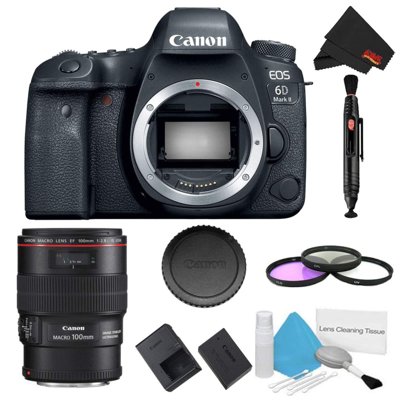 Canon EOS 6D Mark II DSLR Camera (Body Only) 3 Piece Filter Bundle + Bonus EF 100mm f/2.8L Macro is USM Lens - Internati (International Model)