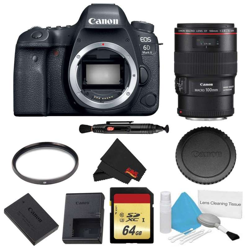 Canon EOS 6D Mark II DSLR Camera (Body Only) Basic Filter w/Memory Bundle + Bonus EF 100mm f/2.8L Macro is USM Lens - In (International Model)
