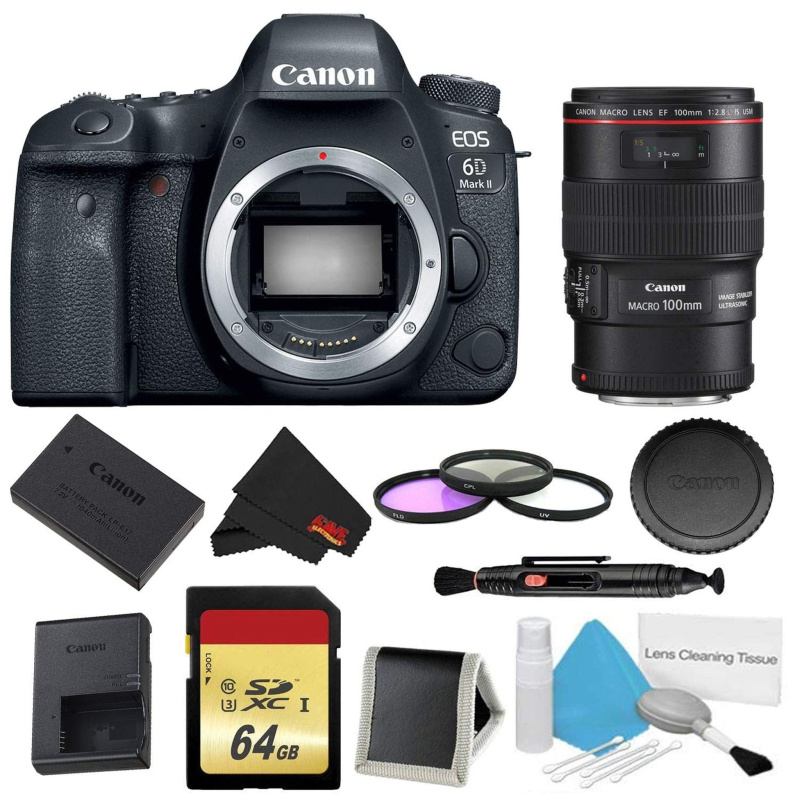 Canon EOS 6D Mark II DSLR Camera (Body Only) 3 Piece Filter w/Memory Bundle + EF 100mm f/2.8L Macro is USM Lens - Intern (International Model)