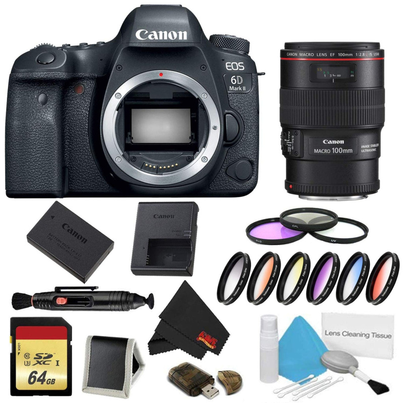 Canon EOS 6D Mark II DSLR Camera (Body Only) 9 Piece Filter w/Memory Bundle + EF 100mm f/2.8L Macro is USM Lens - Intern (International Model)