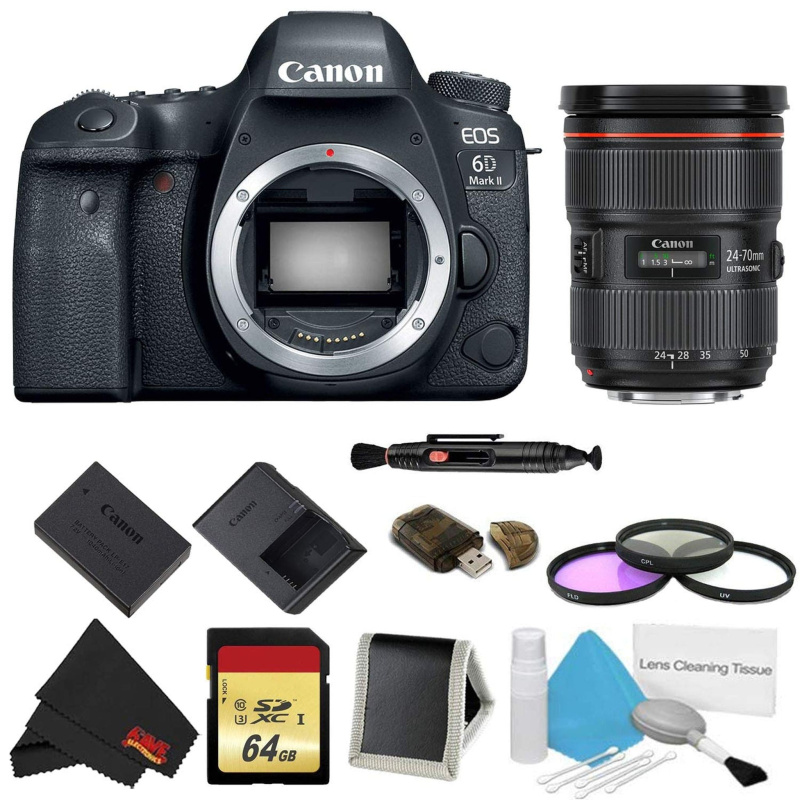 Canon EOS 6D Mark II DSLR Camera (Body Only) 3 Piece Filter w/Memory Bundle + Bonus Canon EF 24-70mm f/2.8L II USM Lens (International Model)