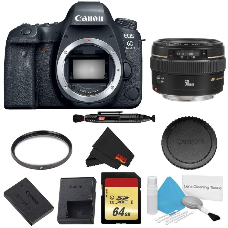 Canon EOS 6D Mark II DSLR Camera (Body Only) Basic Filter w/Memory Bundle + Bonus Canon EF 50mm f/1.4 USM Lens - Interna (International Model)