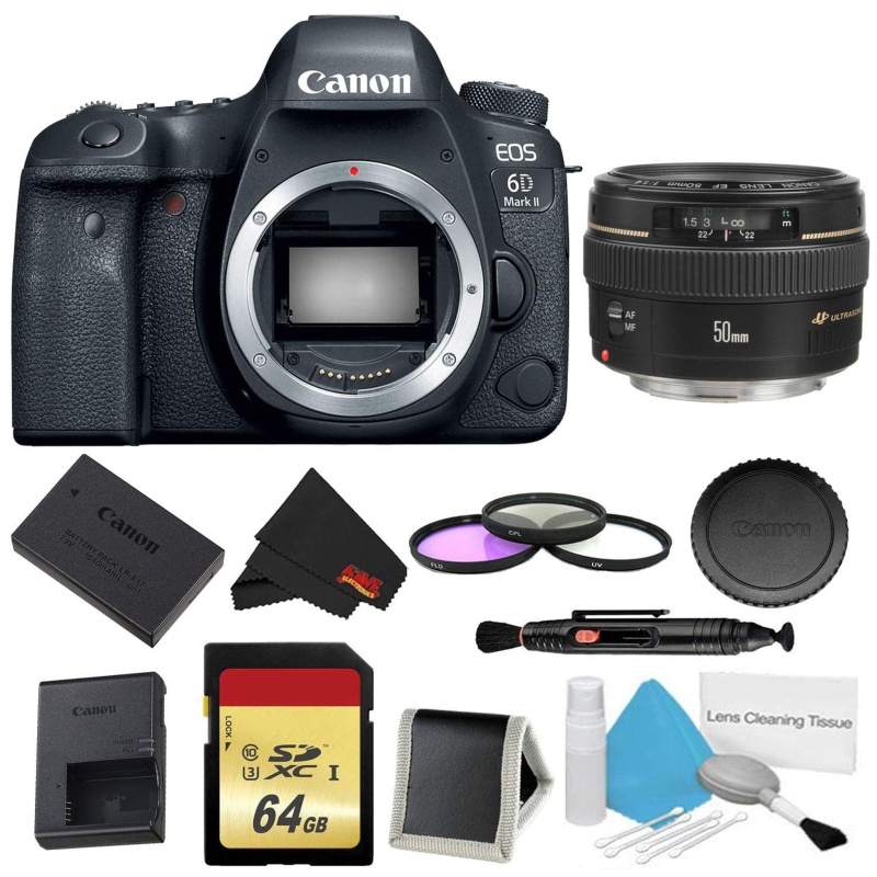 Canon EOS 6D Mark II DSLR Camera (Body Only) 3 Piece Filter w/Memory Bundle + Canon EF 50mm f/1.4 USM Lens - Internation (International Model)