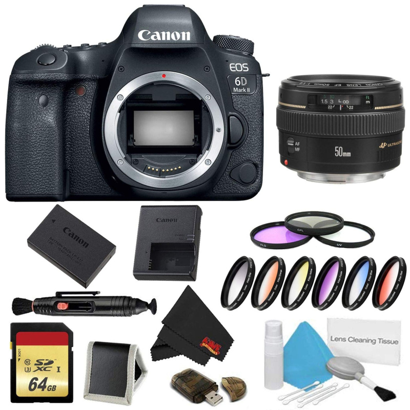 Canon EOS 6D Mark II DSLR Camera (Body Only) 9 Piece Filter w/Memory Bundle + Canon EF 50mm f/1.4 USM Lens - Internation (International Model)