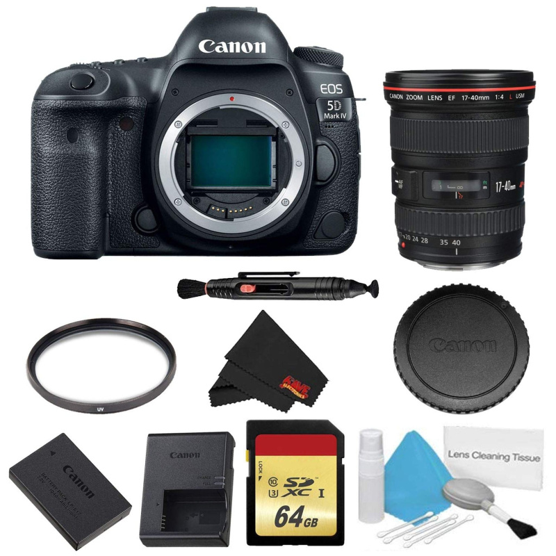 Canon EOS 5D Mark IV DSLR Camera (Body Only) Basic Filter + Memory Kit w/ 17-40mm 4.0 USM L Lens - International Model