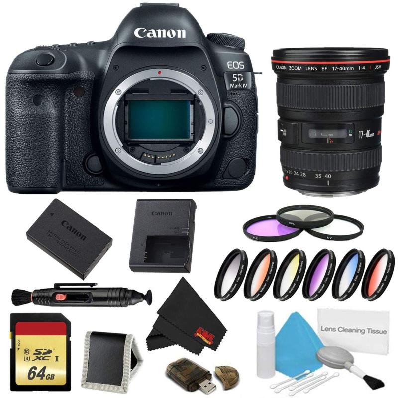 Canon EOS 5D Mark IV DSLR Camera (Body Only) 9 Piece Filter + Memory Kit w/ 17-40mm 4.0 USM L Lens - International Model