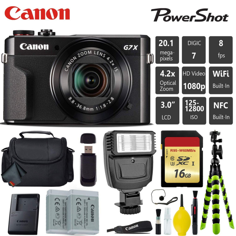 Canon PowerShot G7 X Mark II Point and Shoot Digital Camera + Extra Battery + Digital Flash + Camera Case + 16GB Class 1 Card Bundle (International Mo