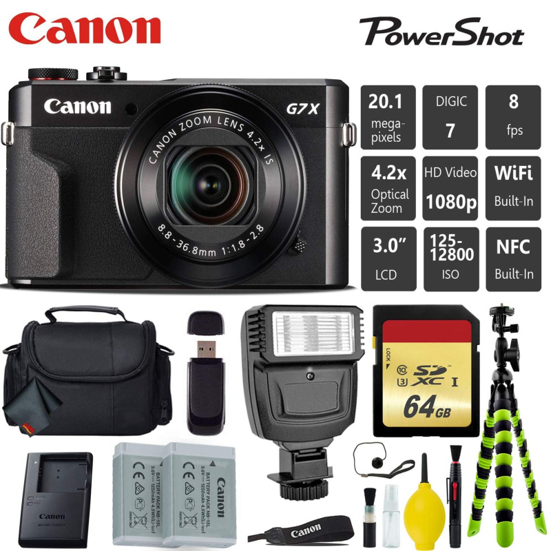 Canon PowerShot G7 X Mark II Point and Shoot Digital Camera + Extra Battery + Digital Flash + Camera Case + 64GB Class 1 Card Bundle (International Mo