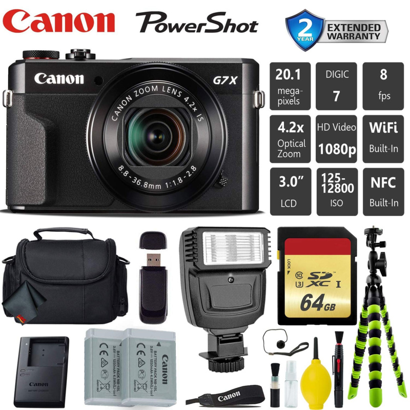 Canon PowerShot G7 X Mark II Point and Shoot Digital Camera + Extra Battery + Digital Flash + Camera Case + 64GB Class 1 Card Professional Bundle (Int