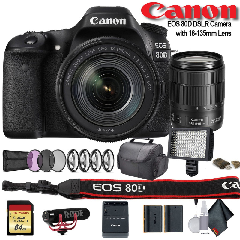 Canon EOS 80D DSLR Camera with 18-135mm Lens (1263C006) W/Bag, Extra Battery, LED Light, Mic, Filters and More (International Model)