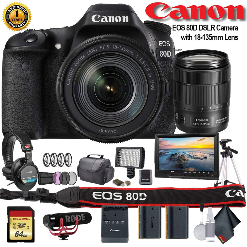 Canon EOS 80D DSLR Camera with 18-135mm Lens (1263C006) W/Bag, Extra Battery, LED Light, Mic, Filters, Tripod, Monitor and More (International Model)