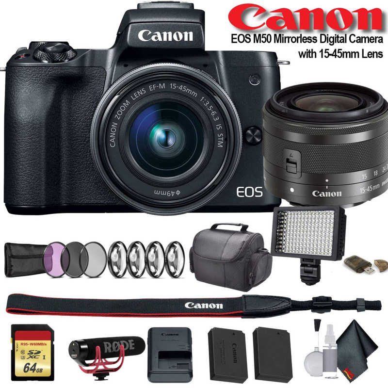 Canon EOS M50 Mirrorless Digital Camera with 15-45mm Lens (International Model) (2680C011) W/Bag, Extra Battery, LED Light