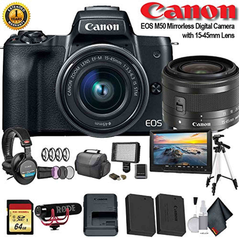Canon EOS M50 Mirrorless Digital Camera with 15-45mm Lens (International Model) (2680C011) W/Bag, Extra Battery, LED Light