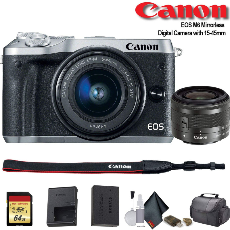 Canon EOS M6 Mirrorless Digital Camera with 15-45mm Lens (International Model) (Silver) (1725C011) - Starter Bundle