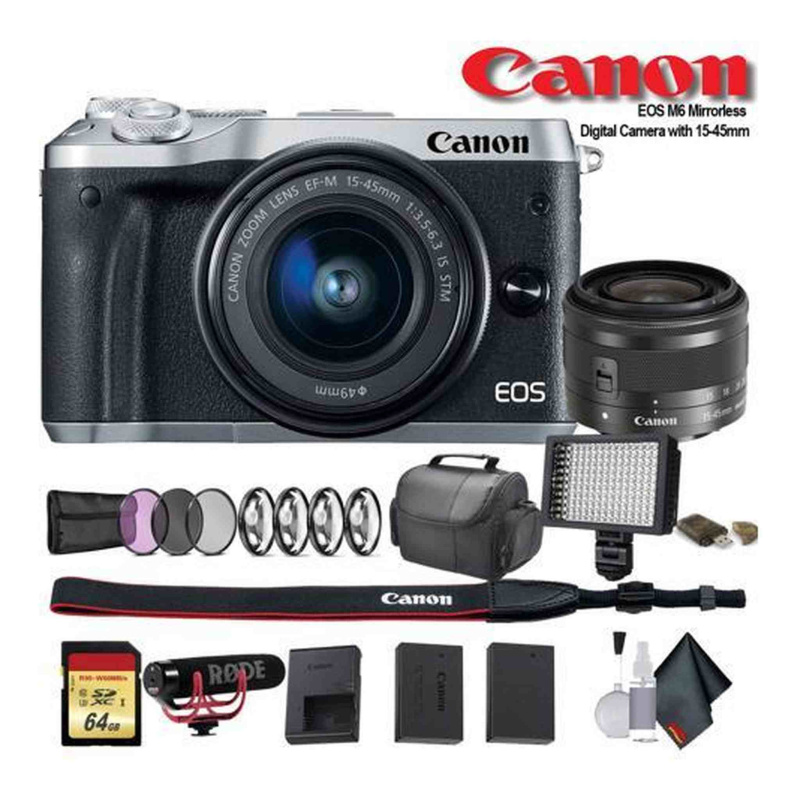 Canon EOS M6 Mirrorless Digital Camera with 15-45mm Lens (International Model) (Silver) (1725C011) W/Bag, Extra Battery,