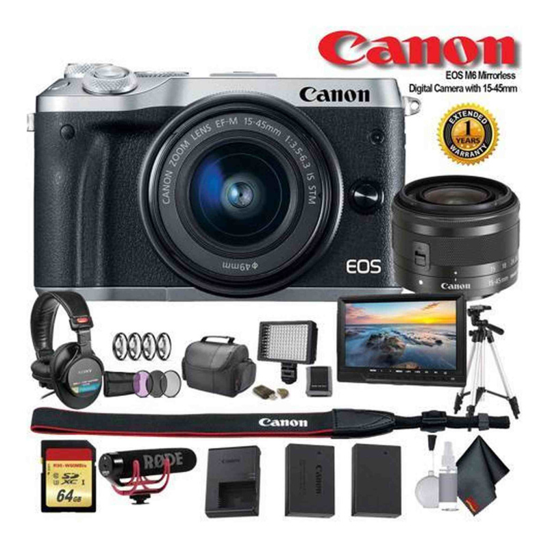 Canon EOS M6 Mirrorless Digital Camera with 15-45mm Lens (International Model) (Silver) (1725C011) W/Bag, Extra Battery,