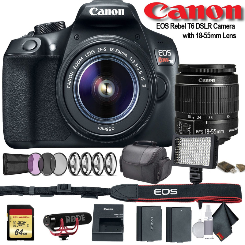 Canon EOS Rebel T6 DSLR Camera with 18-55mm Lens (1159C003) W/Bag, Extra Battery, LED Light, Mic, Filters and More - Adv (International Model)